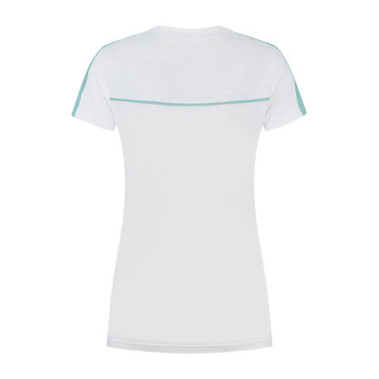 Back view of the K-Swiss Tac Hypercourt Round Neck Badminton Top 2 in white, featuring light blue accents on the shoulders and upper back. This top blends simplicity and style, making it ideal for those who prefer a sleek design. Perfect for casual activewear enthusiasts seeking a choice from K-Swiss.