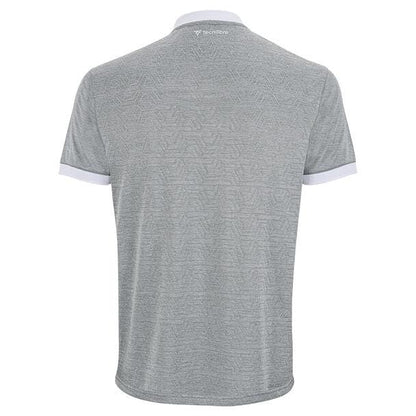 Back view of a Tecnifibre Men's Team Badminton Mesh Polo Shirt in silver, featuring a subtle pattern. Made from polyester mesh for enhanced breathability, it includes a white collar and cuffs, along with a small logo near the neck on the back.