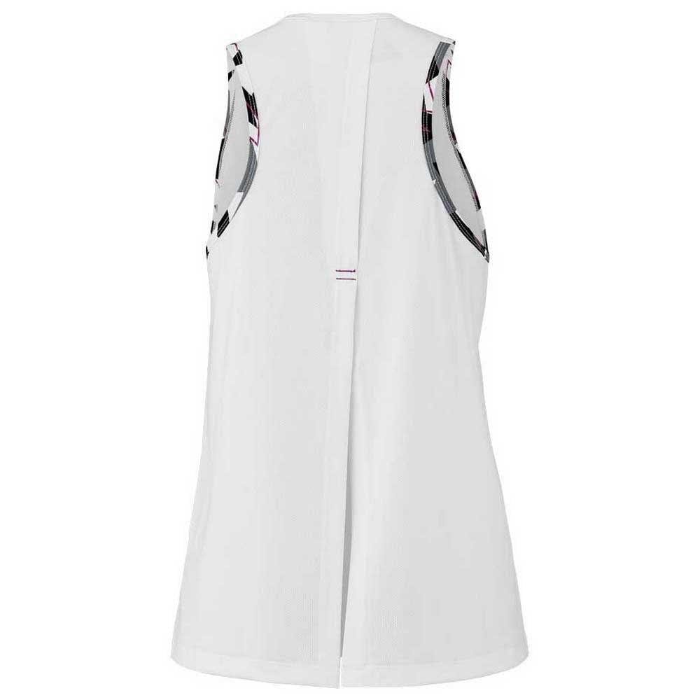 This is a back view of the Babolat Aero Women's Badminton Tank Top in white, featuring black-and-white patterned trim along the armholes. Made from breathable synthetic materials, this top includes a vertical seam down the middle to provide both style and comfort during your activities.