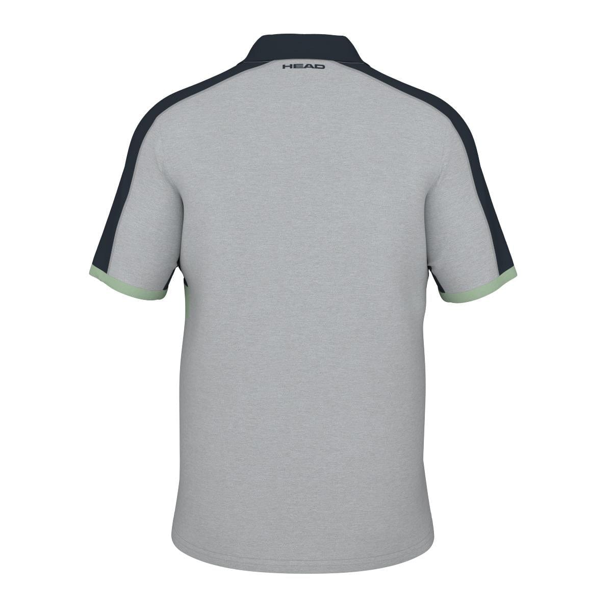 The HEAD Performance Play Tech Mens Polo Shirt - GRCE is designed with moisture transfer microfiber for improved breathability. This gray shirt highlights black shoulder panels and light green sleeve edges while showcasing the HEAD brand name on the back below the collar, all set against a crisp white background.