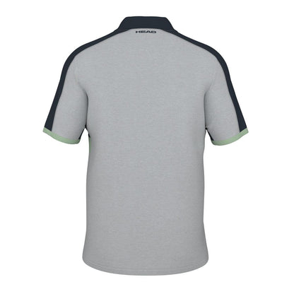 The HEAD Performance Play Tech Mens Polo Shirt - GRCE is designed with moisture transfer microfiber for improved breathability. This gray shirt highlights black shoulder panels and light green sleeve edges while showcasing the HEAD brand name on the back below the collar, all set against a crisp white background.