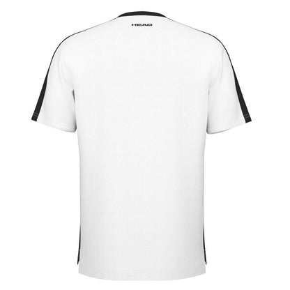 Back view of the HEAD Vision Slice Men's Badminton T-Shirt in white, featuring black accents on the sleeves and crafted from Moisture Transfer Microfiber for optimal comfort. The brand name "HEAD" is printed near the collar, highlighting its premium quality.