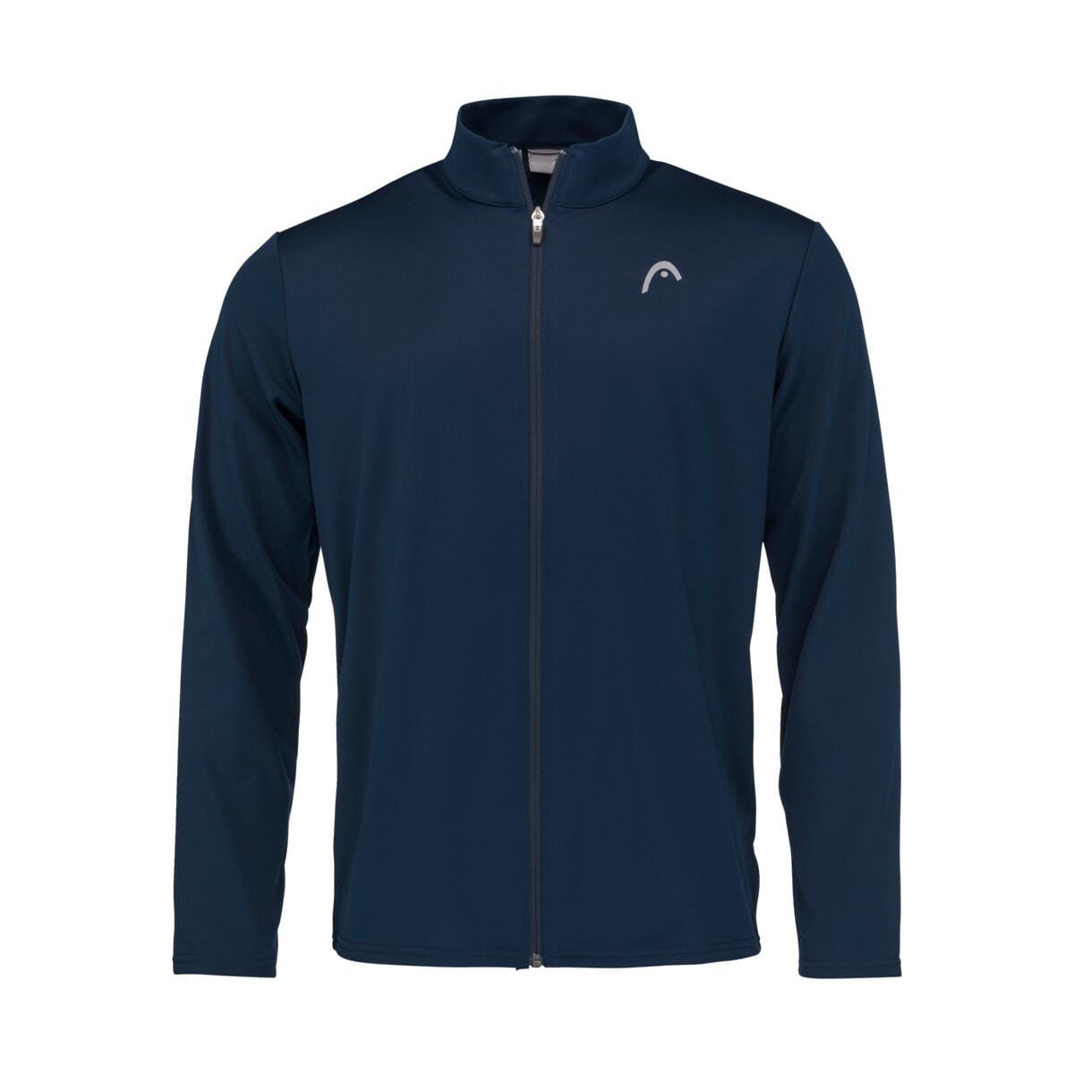 Introducing the HEAD Club Men's Easy Court Tracksuit in dark blue. This stylish jacket features a small white logo on the left chest, perfect for training with flair. It comes with long sleeves and a high collar, crafted from sleek Moisture Transfer Microfibre fabric to ensure ultimate comfort.