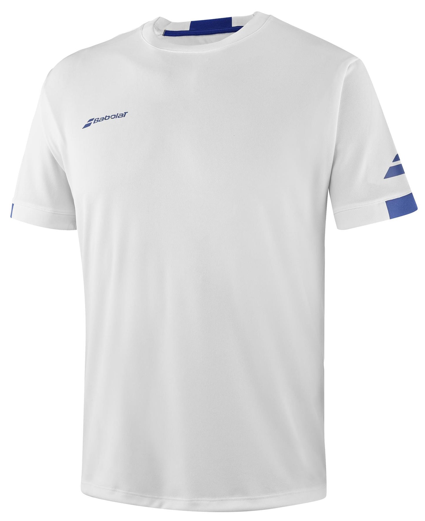 The Babolat Play Men's Crew Neck Badminton T-Shirt in white showcases a simple design with a small blue logo on the left chest and two blue stripes on the left sleeve. Utilizing Babolat's Play technology, this sports shirt is made from Fiber Dry polyester, providing a lightweight and breathable fabric ideal for a game of tennis.