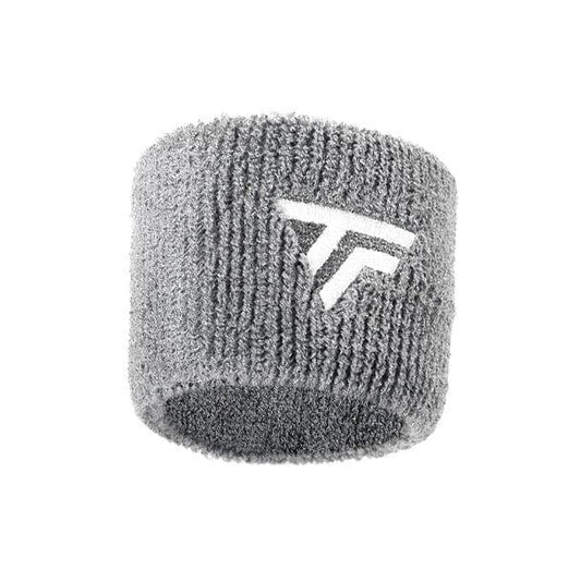 Silver sweatband from Tecnifibre, showcasing the absorbent design of the Tecnifibre Wristband Sweatband 2 Pack, and adorned with an embroidered white "TF" logo.