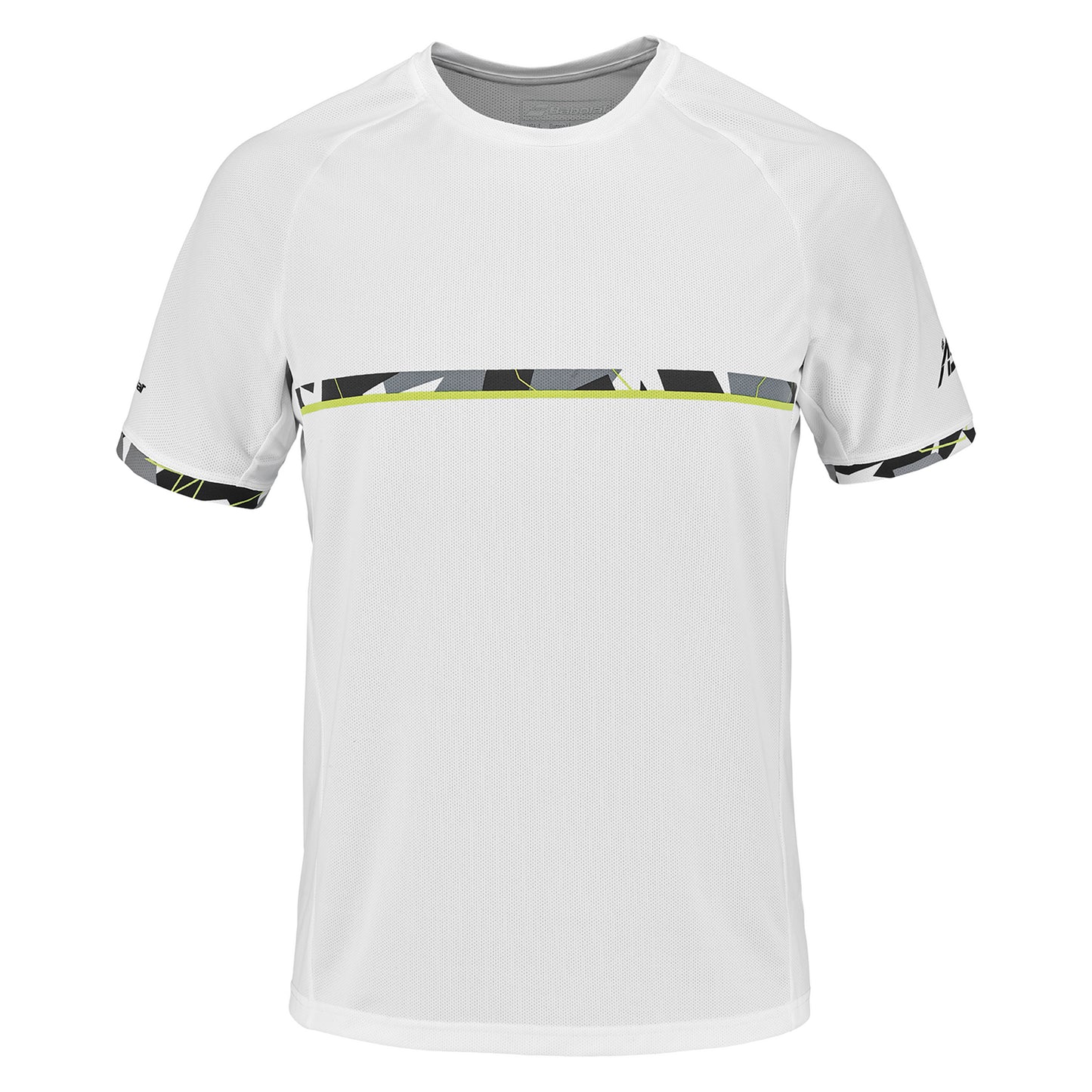 The Babolat Aero Crew Neck Men's Badminton T-Shirt in white boasts a green and black abstract pattern band across the chest and sleeves. Ideal for racket sports, this short-sleeved tee features a round neckline and is made from FiberDry fabric to ensure you stay cool and comfortable.