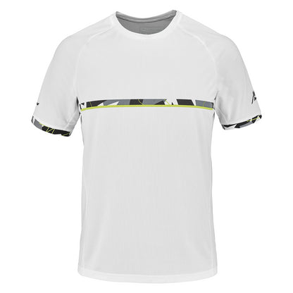 The Babolat Aero Crew Neck Men's Badminton T-Shirt in white boasts a green and black abstract pattern band across the chest and sleeves. Ideal for racket sports, this short-sleeved tee features a round neckline and is made from FiberDry fabric to ensure you stay cool and comfortable.