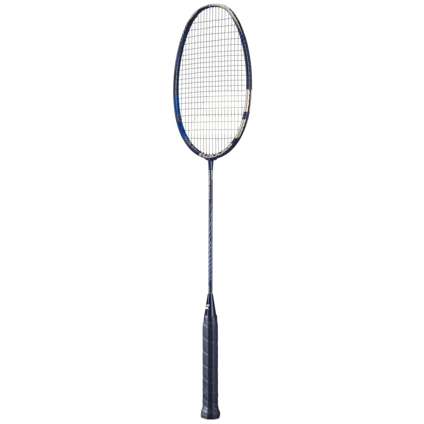 The image showcases the Babolat Satelite Master Badminton Racket - Navy Blue, emphasizing its optimum aerodynamics. With a mesh netting head and textured grip handle, the racket is displayed vertically against a plain white background, highlighting its sleek navy blue and black design.