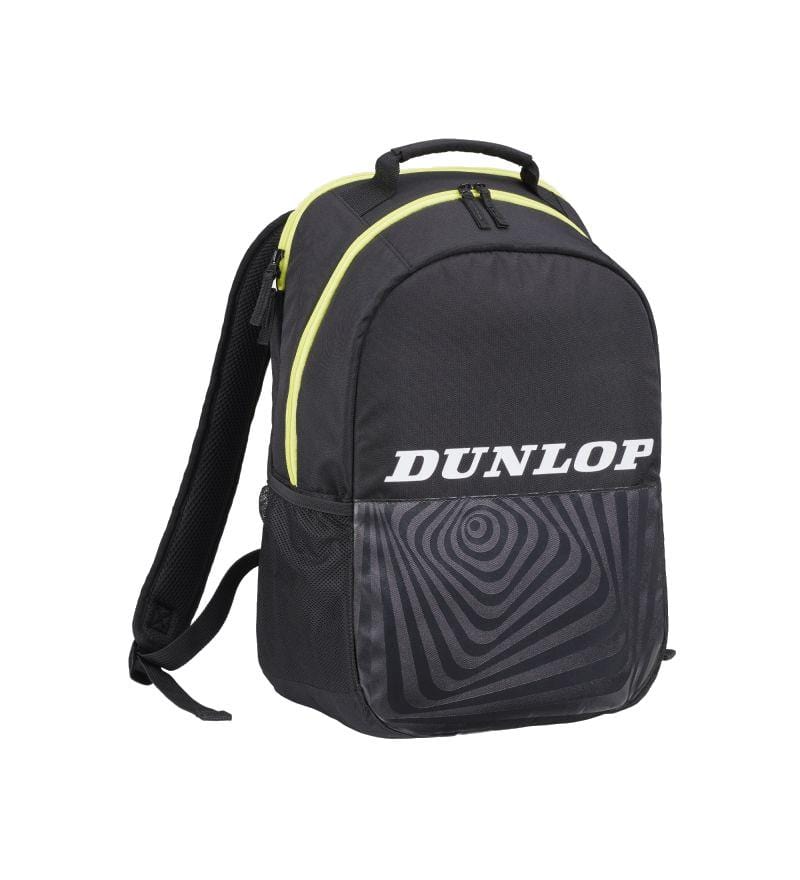 The Dunlop SX-Club Backpack - Black / Yellow from Dunlop is a sleek black bag highlighted by neon yellow accents and a fashionable patterned front pocket. It offers a generous 30L capacity, adjustable straps, a top handle, and includes a dedicated racket compartment for added convenience.