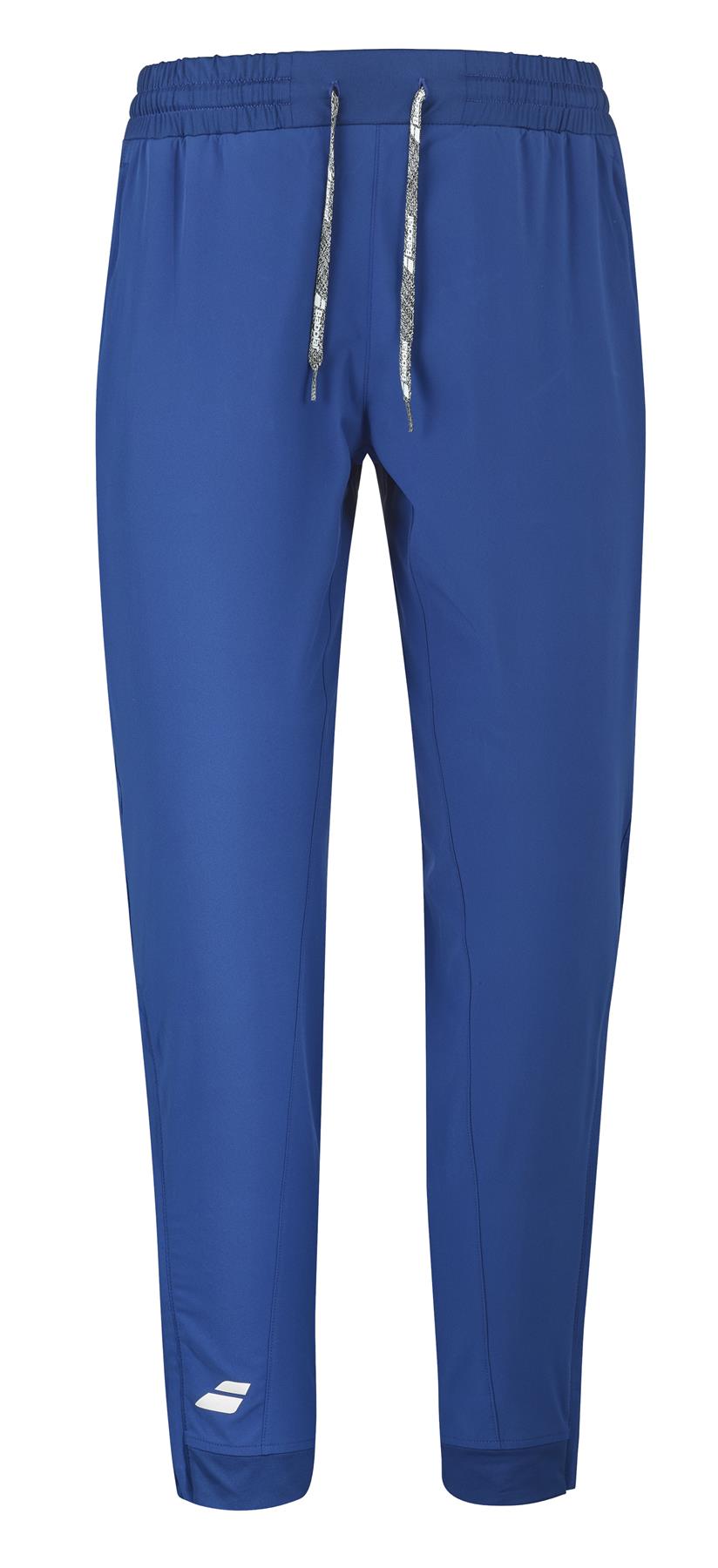 Babolat Play Men's Badminton Pants in Sodalite Blue feature stretchable fabrics with an elastic waistband, a drawstring, and a subtle white logo near the left hem. These lightweight fiber dry materials make them perfect for both badminton and casual wear.