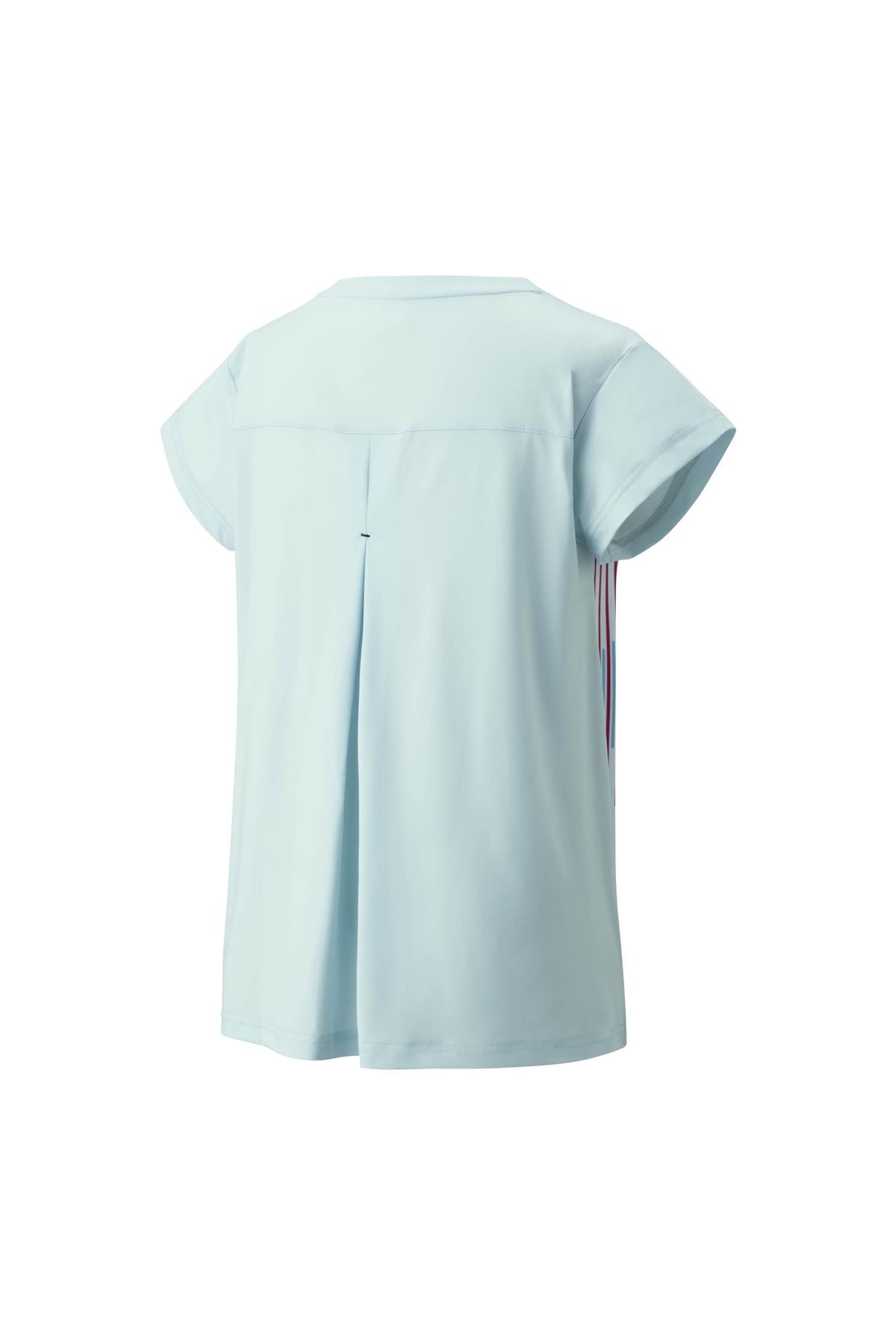 Displayed from the back, the Yonex 20764 Crew Neck Women's Badminton T-Shirt in Crystal Blue features short sleeves and a pleated design. It's crafted from soft fabric infused with Yonex VeryCool technology for enhanced comfort.