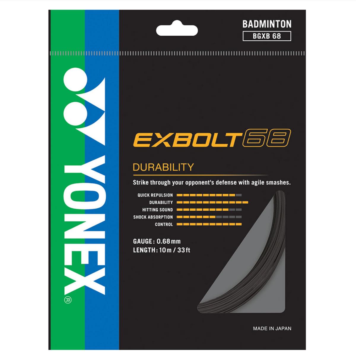 The Yonex Exbolt 68 Badminton String Black - 0.68mm 10m Packet offers a durable and shock-absorbent design, ideal for enhancing smashing power. Utilizing FORGED FIBER technology for superior control, its packaging features a striking blend of black with blue and green accents, highlighting its Japanese craftsmanship.