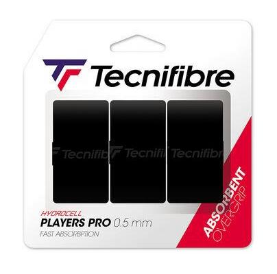 Image of the Tecnifibre Players Pro Badminton Overgrip - 3 Pack - Black packaging. The package contains three black overgrips with branding in red, white, and blue. Text emphasizes optimal absorption for badminton overgrips, providing superior playing comfort and boosting player performance.