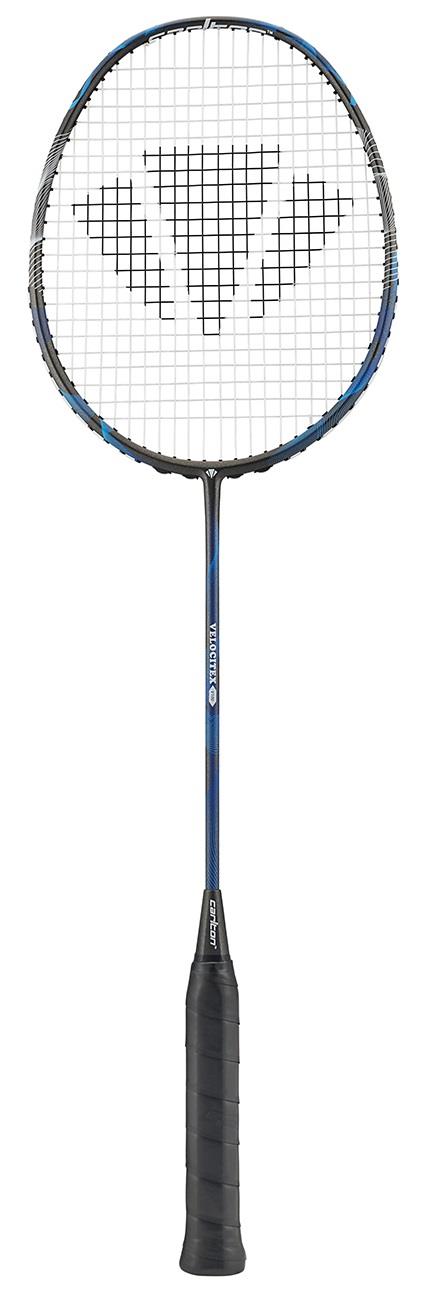 Introducing the Carlton Velocitex V100 Badminton Racket in Indigo Blue and Black, crafted for intermediate players. This racket features high tension strings arranged in a grid pattern on the head. The handle is encased in black grip tape, while the frame proudly displays the Carlton logo near the top. Its slender shaft elegantly transitions into a wider head for enhanced performance.