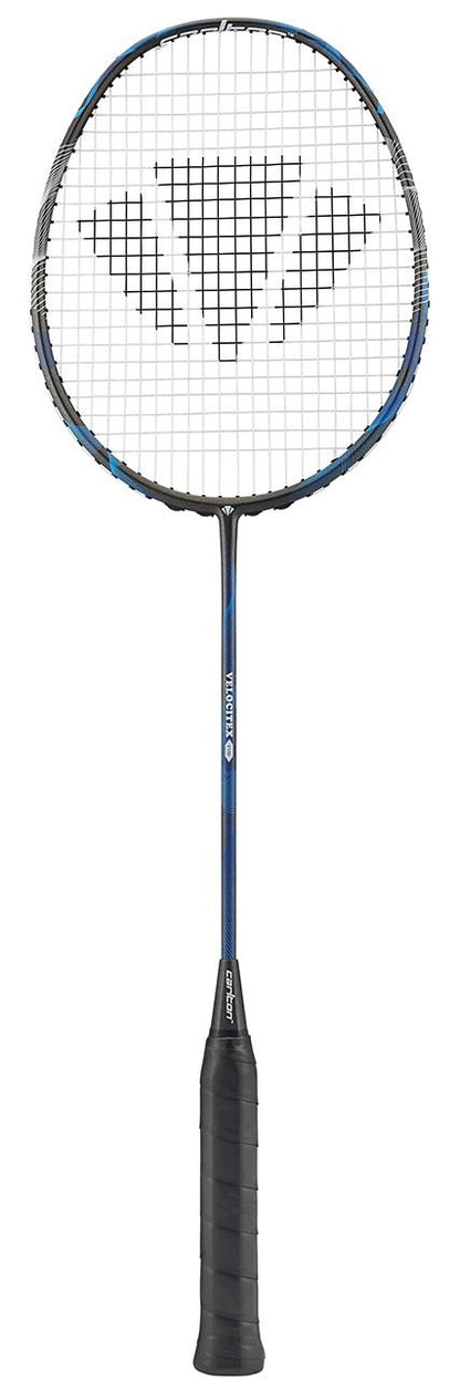 Introducing the Carlton Velocitex V100 Badminton Racket in Indigo Blue and Black, crafted for intermediate players. This racket features high tension strings arranged in a grid pattern on the head. The handle is encased in black grip tape, while the frame proudly displays the Carlton logo near the top. Its slender shaft elegantly transitions into a wider head for enhanced performance.