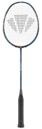 Introducing the Carlton Velocitex V100 Badminton Racket in Indigo Blue and Black, crafted for intermediate players. This racket features high tension strings arranged in a grid pattern on the head. The handle is encased in black grip tape, while the frame proudly displays the Carlton logo near the top. Its slender shaft elegantly transitions into a wider head for enhanced performance.