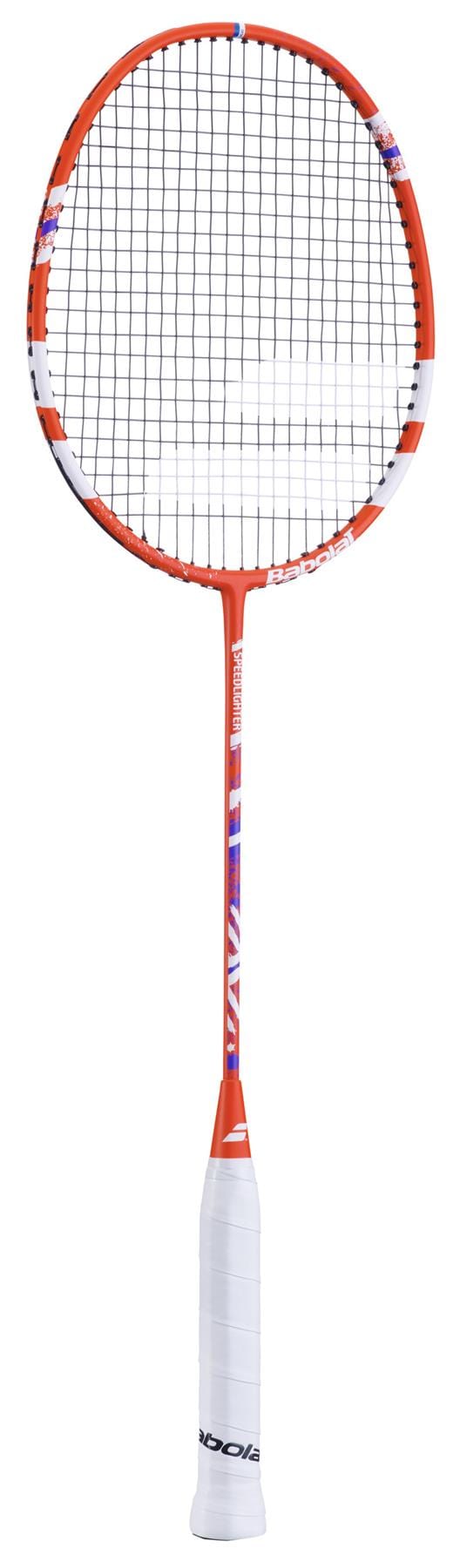 The Babolat Speedlighter Badminton Racket in red, by Babolat, is a junior racket that features a white grip and blue accents. It has a head-heavy balance shaft and a tight string pattern for improved gameplay.