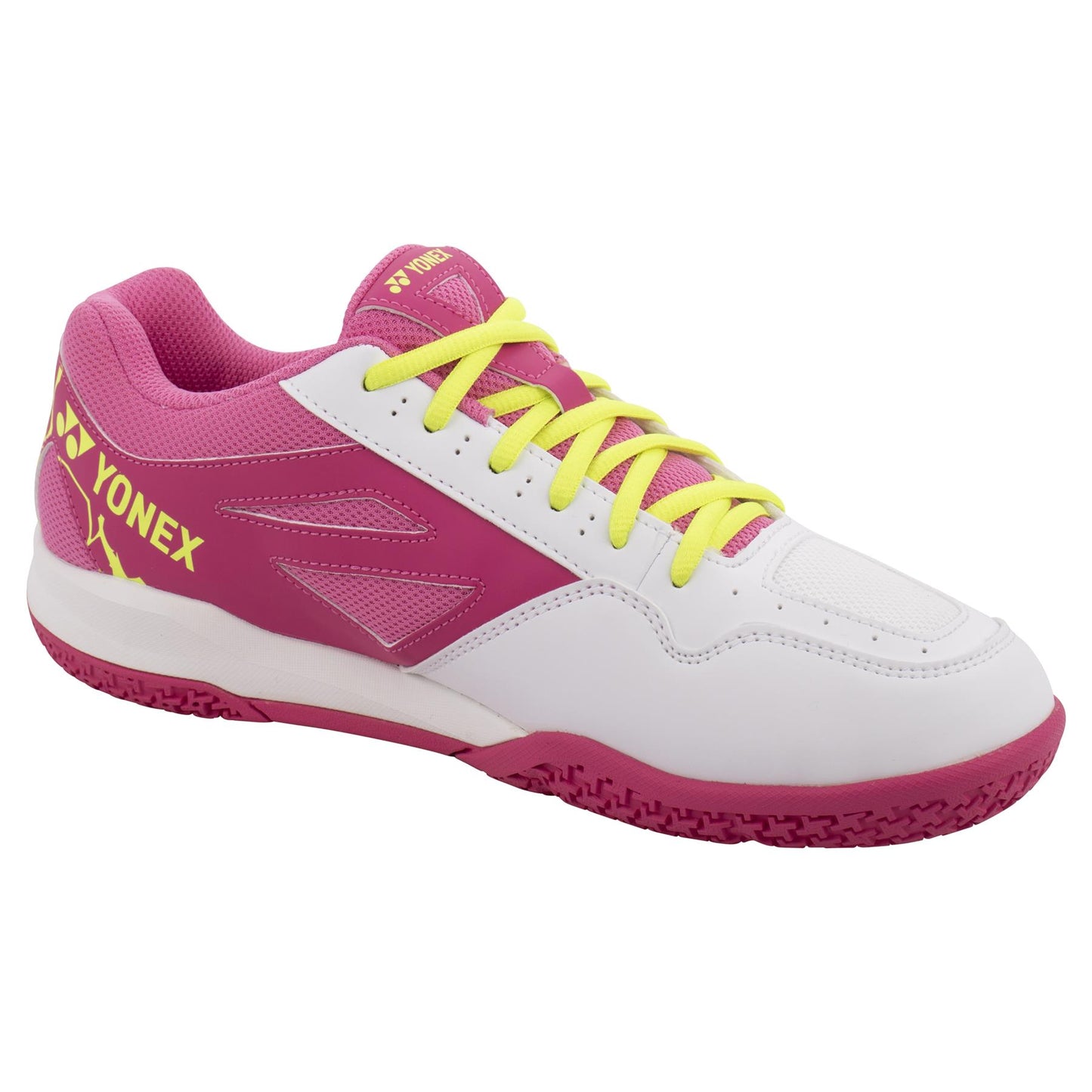 Introducing the Yonex Power Cushion Strider Ray Women's Badminton Shoes in White and Pink. These shoes feature a Radial Blade Sole for superior traction, along with striking yellow laces. The sole and sides showcase pink accents, while the Yonex logo is prominently displayed. With Power Cushion technology, these shoes ensure a sporty and vibrant design for optimal performance on the court.