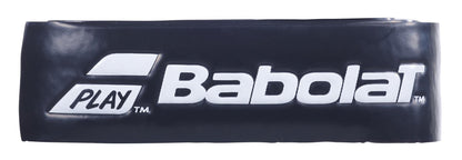 The black Babolat XCEL Gel X1 Replacement Badminton Grip, adorned with white branding, showcases the Babolat logo and the word "Play." Engineered for supreme comfort and high absorption, this grip upgrade elevates your playing experience.