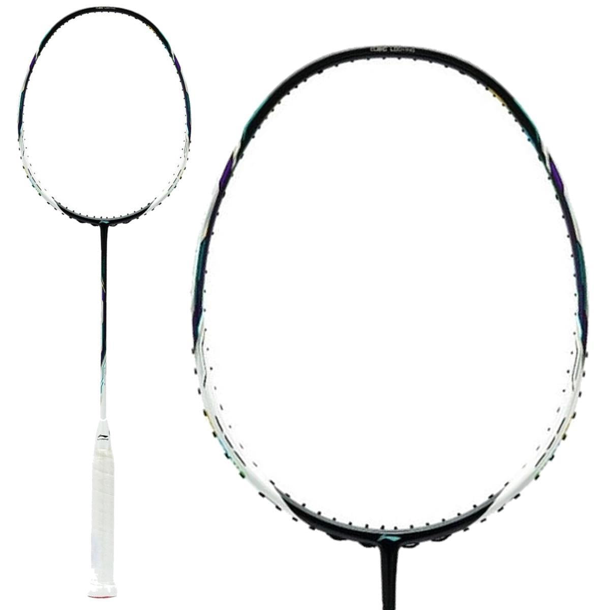 The Li-Ning Tectonic 9 3U Badminton Racket in Black and Silver is displayed featuring a T1100G carbon fibre frame. Its oval-shaped head has missing strings, and the racket boasts a sleek design with Energy Absorption Rebound Technology set against a plain white background.