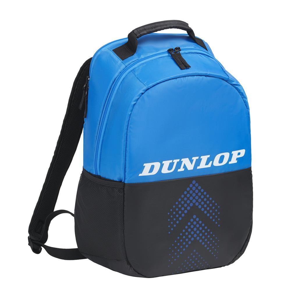 The Dunlop FX Club Badminton Backpack in Black and Blue comes with a top handle and padded shoulder straps. It features a front zippered pocket, side mesh pockets, and a chevron pattern on the black lower section. Designed for athletes, it also includes a convenient racket compartment.