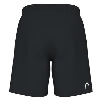 View of the HEAD Vision Power Men's Badminton Shorts in black, showcasing an elastic waistband, moisture-wicking technology, and a subtle white logo on the bottom right.