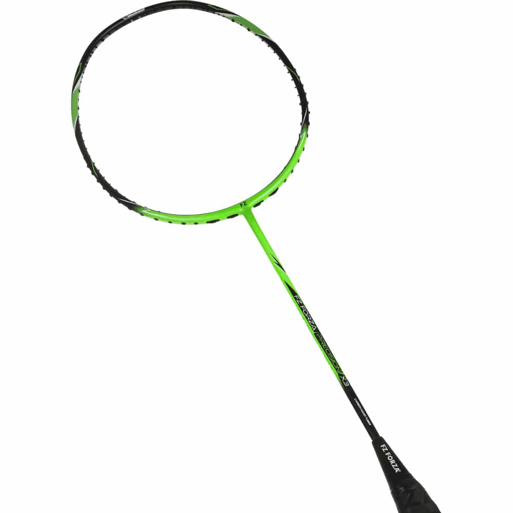 The FZ Forza Precision X3 Badminton Racket in Bright Green showcases a sleek green and black frame made from Ultra High Modulus Graphite. This racket features perfectly netted strings, along with a slim shaft and black gripped handle for secure handling as it rests diagonally against a plain white background.