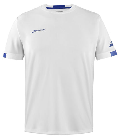 The Babolat Play Men's Crew Neck Badminton T-Shirt in white is made from recycled polyester fabric and features small blue graphic elements on the sleeves and chest. It is presented against a plain white background.