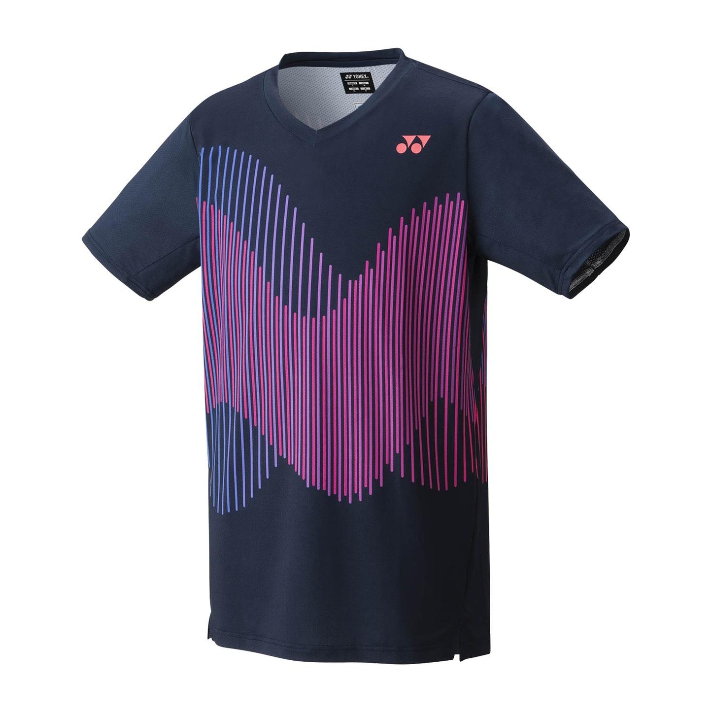 The Yonex 10562 Crew Neck Men's Badminton T-Shirt in Indigo Marine is designed with Yonex VeryCool technology and short sleeves, showcasing dynamic pink and purple vertical wave patterns on the front, along with a small logo near the shoulder.