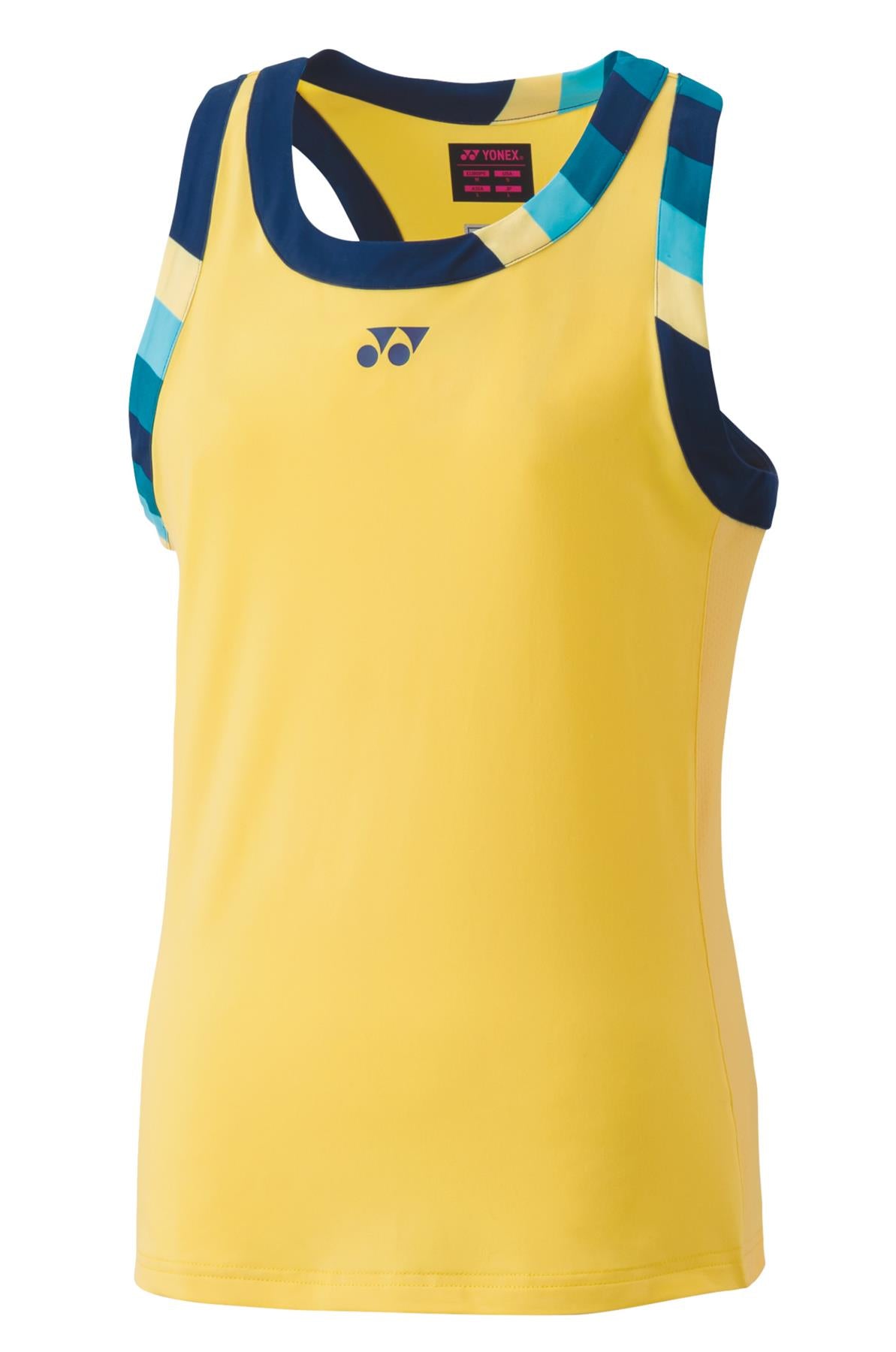 Explore the Yonex 20753EX Women's Badminton Tank Top in Soft Yellow, showcasing a sleeveless design with bold blue and teal accents on the shoulders and neckline. Benefit from UV Reduction technology for added protection, while the VeryCool fabric ensures your comfort. The Yonex brand logo is prominently displayed on the chest.