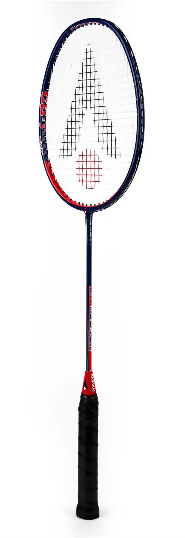 The Karakal CB-7 2.1 Badminton Racket in Blue and Red, featuring an isometric head design, has a black handle and a frame in blue and red hues. Its strings create a red and black pattern reminiscent of a stylized letter "A." Made from graphite, this racket offers lightweight durability to boost performance.