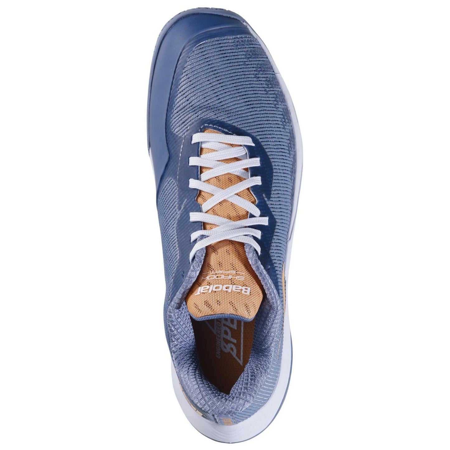 Top view of a grey and coral Babolat badminton shoe with a textured upper, white laces, and a tan tongue. This lightweight shoe has a white sole for enhanced comfort and features branding text on the tongue.