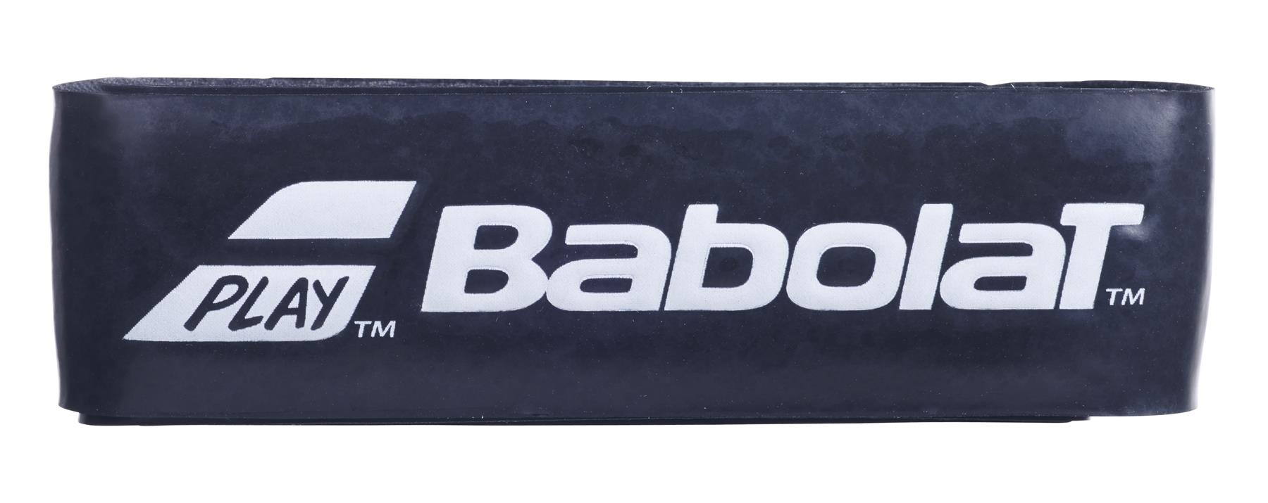 Close-up of a black Babolat Syntec Team X1 Replacement Badminton Grip featuring white text and logo, providing enhanced feel and racket feedback. The word "Play" is elegantly visible on the left side of the slim grip.