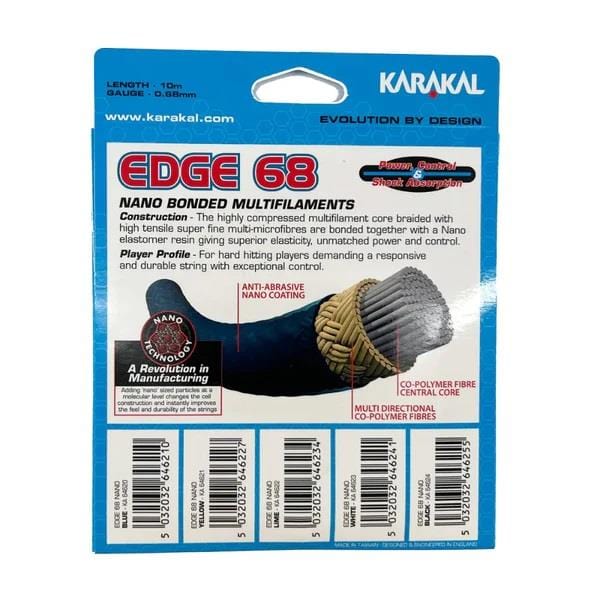 Back view of the Karakal Edge 68 Badminton String - White packaging in a blue and white design. The text emphasizes features such as "Nano Bonded Multifilaments" and "Anti-Abrasive Nano Coating" for extreme power. The package also includes a barcode and website, highlighting the advanced nano technology.