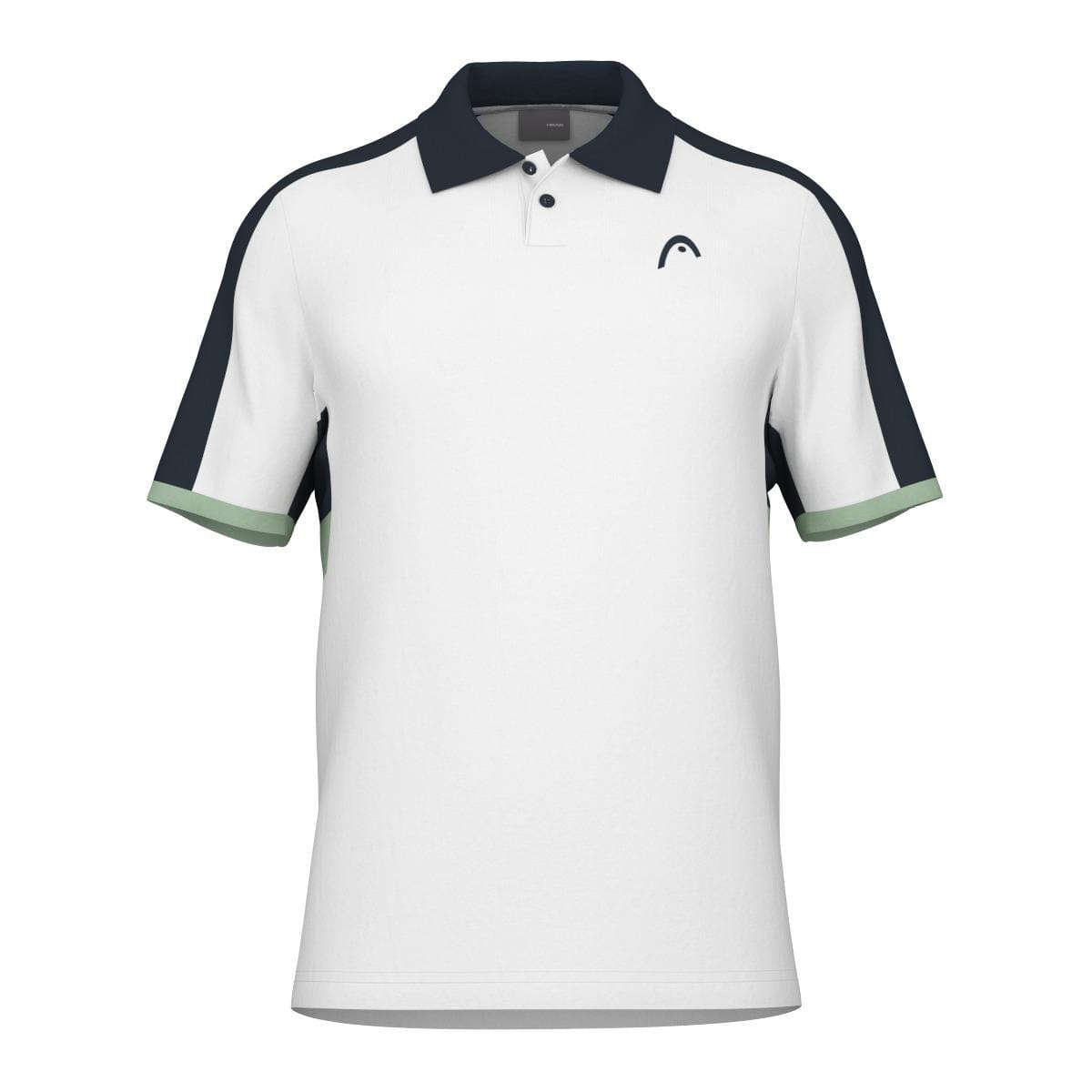 The HEAD Performance Play Tech Mens Polo Shirt - WHCE features short sleeves and black accents on the shoulders and collar. It includes a discreet logo on the chest, with green trim on the sleeve ends. Designed with moisture transfer microfiber, this polo enhances breathability, combining style and functionality effectively.