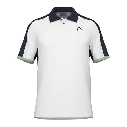 The HEAD Performance Play Tech Mens Polo Shirt - WHCE features short sleeves and black accents on the shoulders and collar. It includes a discreet logo on the chest, with green trim on the sleeve ends. Designed with moisture transfer microfiber, this polo enhances breathability, combining style and functionality effectively.