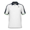 The HEAD Performance Play Tech Mens Polo Shirt - WHCE features short sleeves and black accents on the shoulders and collar. It includes a discreet logo on the chest, with green trim on the sleeve ends. Designed with moisture transfer microfiber, this polo enhances breathability, combining style and functionality effectively.