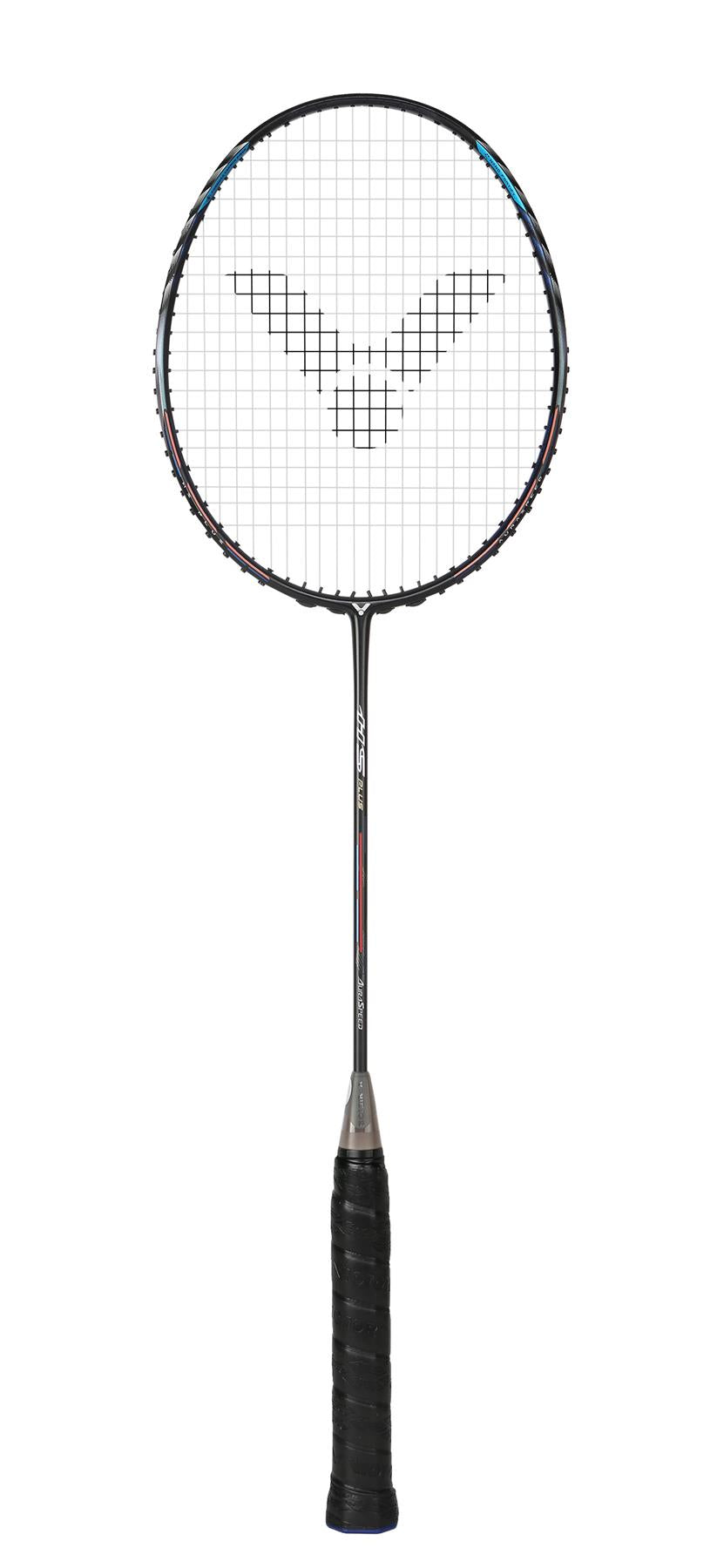 The Victor Auraspeed HS Plus 4U Badminton Racket in black is highlighted by its dark grip and an oval-shaped head. It possesses a lightweight, slightly tapered frame enhanced with WES 3.0 technology, while the string pattern features a central symbol for improved playability.