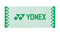 The Yonex AC1109EX Face Towel in white, made from premium cotton, showcases a checkered pattern on the sides. The Yonex logo and name are prominently displayed in dark green across the center, offering both performance and style as an ideal workout towel.