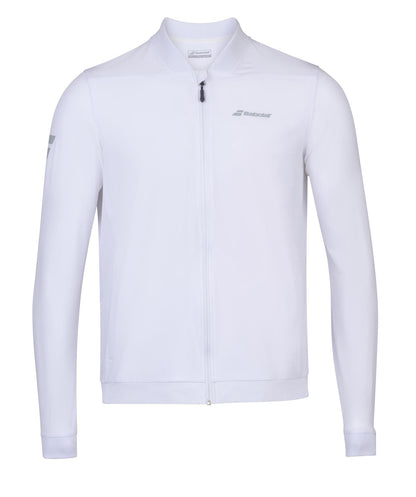 The Babolat Play Mens Badminton Jacket, ideal for badminton with a white hue, features long sleeves and a minimalist design. It includes a small logo on the chest and sleeve and is crafted from four-way stretch fabric for comfort, complemented by its high collar.