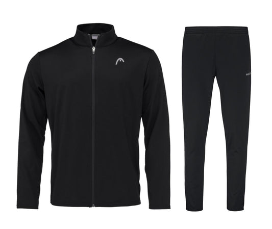 The HEAD Club Men's Easy Court Tracksuit in black expertly blends training and style, presenting a sleek zip-up jacket and coordinating pants. It showcases logos on the left chest and thigh, with its smooth fabric utilizing Moisture Transfer Microfiber technology for optimal comfort.