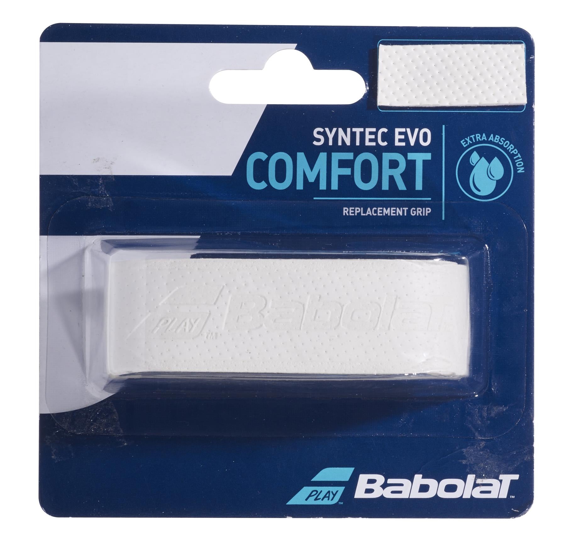 The Babolat Syntec Evo X1 Replacement Badminton Grip - White, by Babolat, provides exceptional comfort and impressive moisture absorption. This white grip is stylishly encased in a dark blue cardboard box, complete with detailed product information to guarantee both performance and elegance.