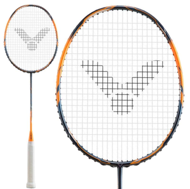 The Victor Jetspeed 08 B 5U badminton racket features a vibrant dark blue and orange frame complemented by an elegant white grip, with strings arranged in a bird logo pattern. Equipped with AERO-SWORD technology, the design incorporates High Modulus Graphite, highlighted in both front and detailed side perspectives.