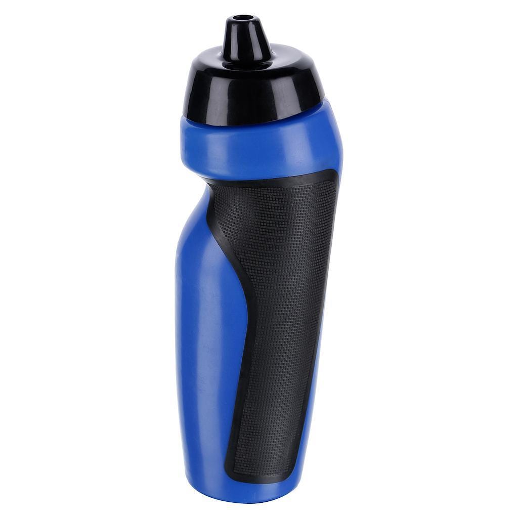 The Precision Sport 600ml Water Bottle - Royal, offered by Precision, features a BPA-free design in blue and black plastic with a curved structure and textured grip area for improved handling, topped off with a sleek black cap.