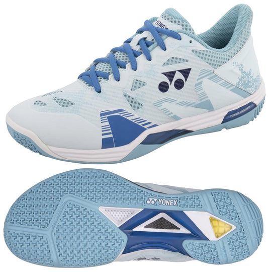 Introducing the Yonex Power Cushion Eclipsion Z3 Wide Men's Badminton Shoes in light blue, featuring the iconic Yonex logo and stylish blue laces. These shoes are designed with a patterned upper crafted from breathable material to enhance sports performance while ensuring lateral shell stability. The standout feature is the Yonex Power Cushion, providing exceptional comfort, complemented by a textured outsole that delivers superior grip.