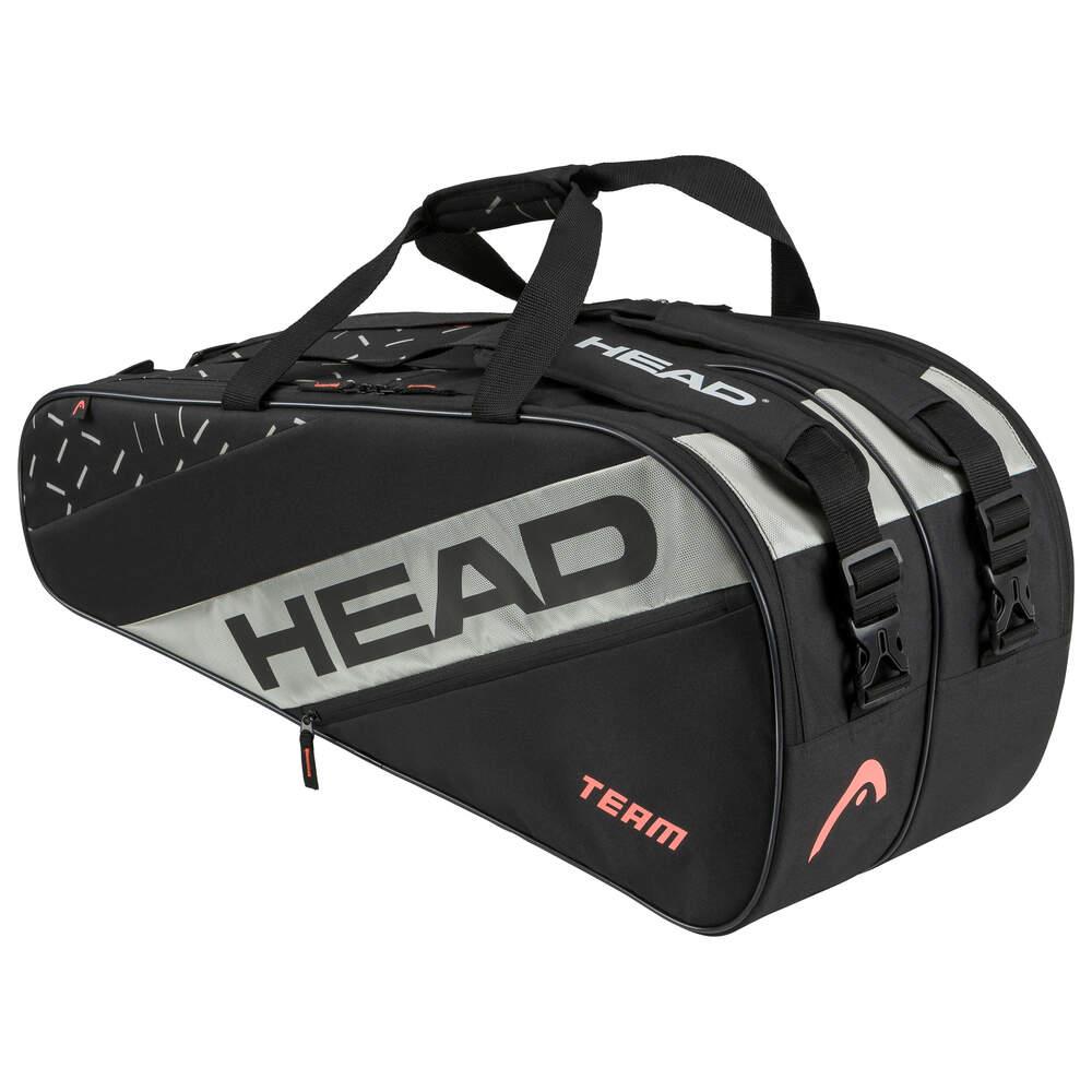 The HEAD Team 9 Badminton Racket Bag L - BKCC by HEAD showcases a contemporary design in black and gray. It includes several compartments, durable zippers, and a flexible two-way carrying option with top handles.