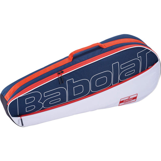 The Babolat RH3 Essential 3 Racket Bag in white, blue, and red showcases a sporty design with a red zipper and handle. It prominently displays the large white "Babolat" text on the side, making it ideal for carrying your rackets.