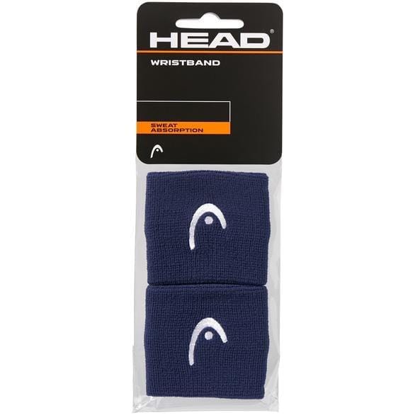 Packaging of two navy HEAD 2.5" badminton wristbands featuring a white logo, emphasizing "wristband," "sweat absorption," and exceptional wristband elasticity, ideal for your game days.