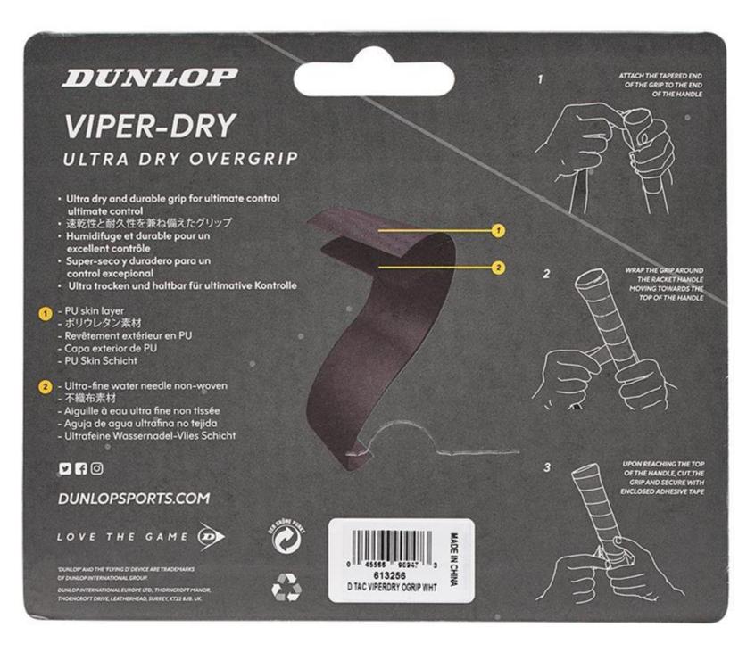 The packaging for the Dunlop Viper-Dry Badminton Overgrip - 3 Pack - White features text in multiple languages and illustrations detailing how to apply the grip to a racquet handle. It is designed for effective perspiration absorption and includes a black graphic of the grip, along with a barcode at the bottom.