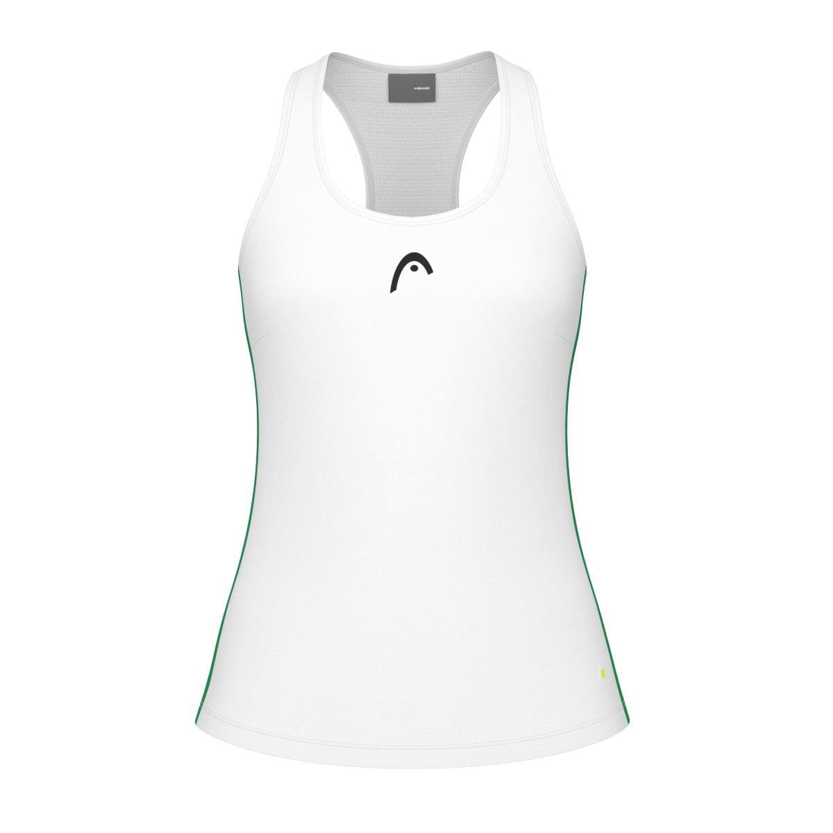 The HEAD Spirit Women's Badminton Tank Top by HEAD is made from moisture transfer microfibre. This white sleeveless design includes green piping on the sides, a small black logo at the center, and a racerback style to allow for optimal movement.